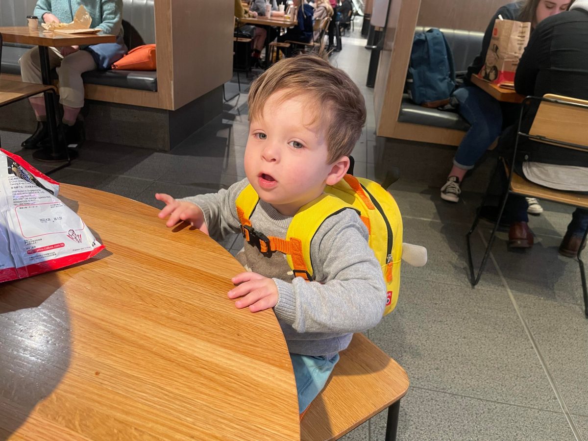 Charlie at sydney airport having a snack