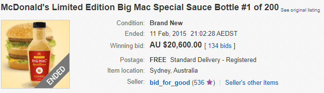 eBay listing for McDonald's Limited Edition Big Mac Special Sauce Bottle #1 of 200, ended 11 February 2015 with a winning bid of AU $20,600 after 134 bids
