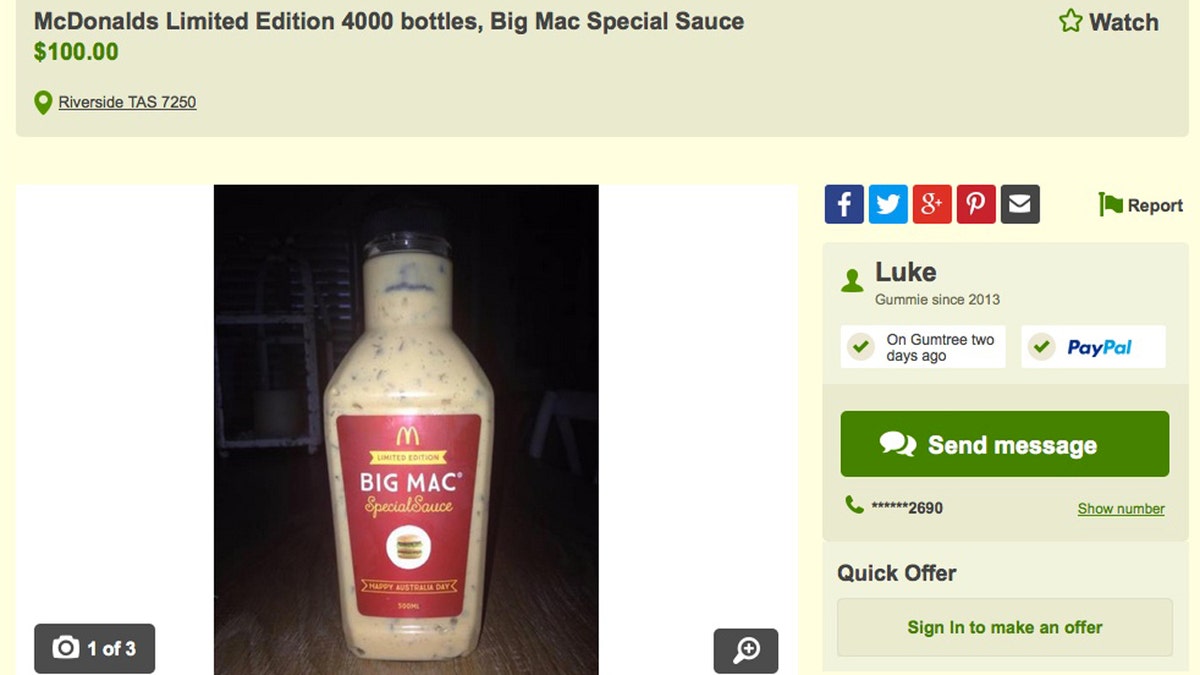 A Gumtree listing for a McDonald's Limited Edition Big Mac Special Sauce bottle with a Happy Australia Day label, priced at $100