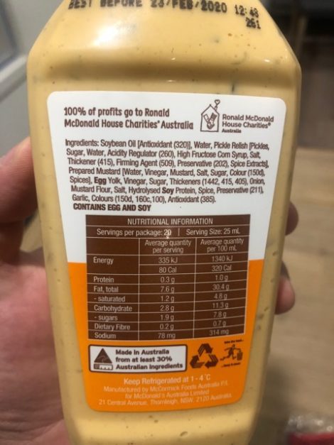 Back label of a 2019 Big Mac Special Sauce bottle showing ingredients starting with soybean oil and pickle relish, nutrition information and a best before date of February 2020