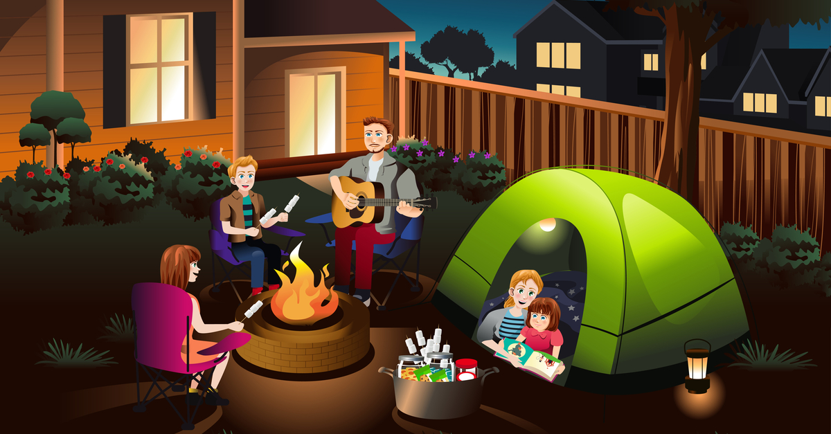 cartoon of a family camping in their back yard