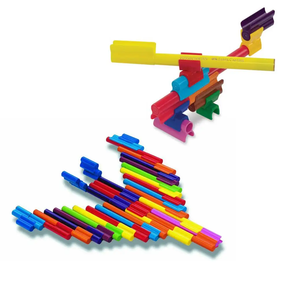 Faber-Castell Connector Pens clipped together with angled pieces into gun and triangular truss shapes