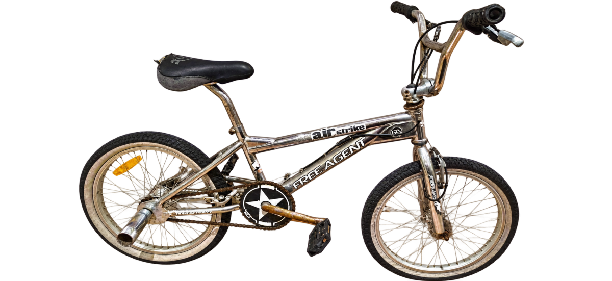90s chrome Free Agent Air Strike old school freestyle BMX bike with a peg fitted to the rear wheel axle