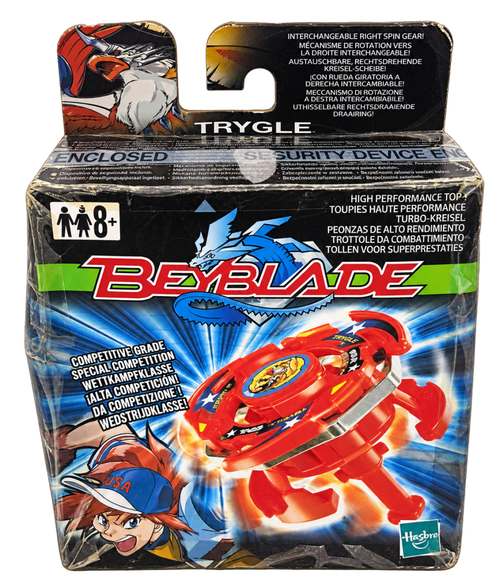 Original Hasbro Beyblade Trygle spinning top in its multilingual retail packaging