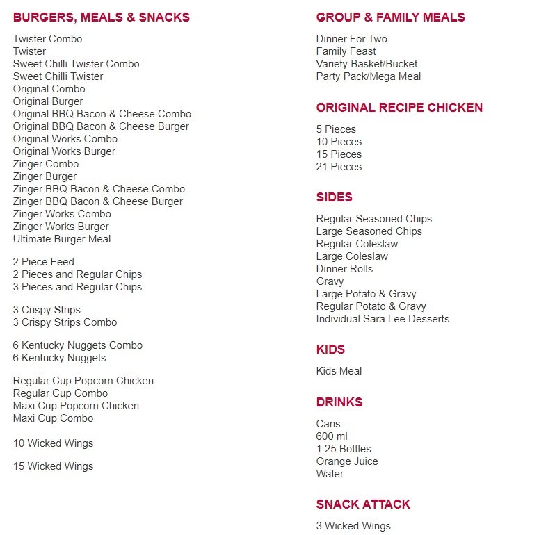 The full early 2000s KFC Australia menu, listing burgers, meals, snacks, family meals, sides, kids meals and drinks