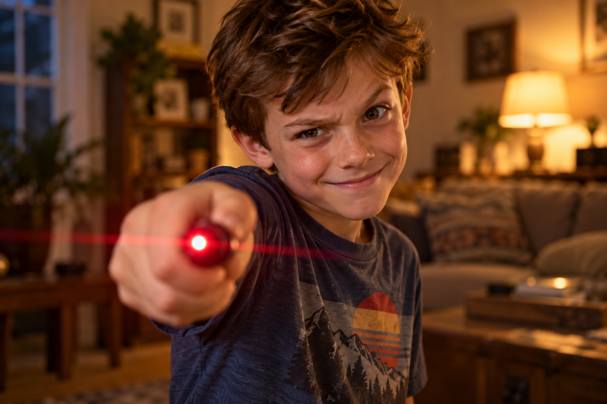 Cheeky looking kid pointing a red laser pointer towards the camera