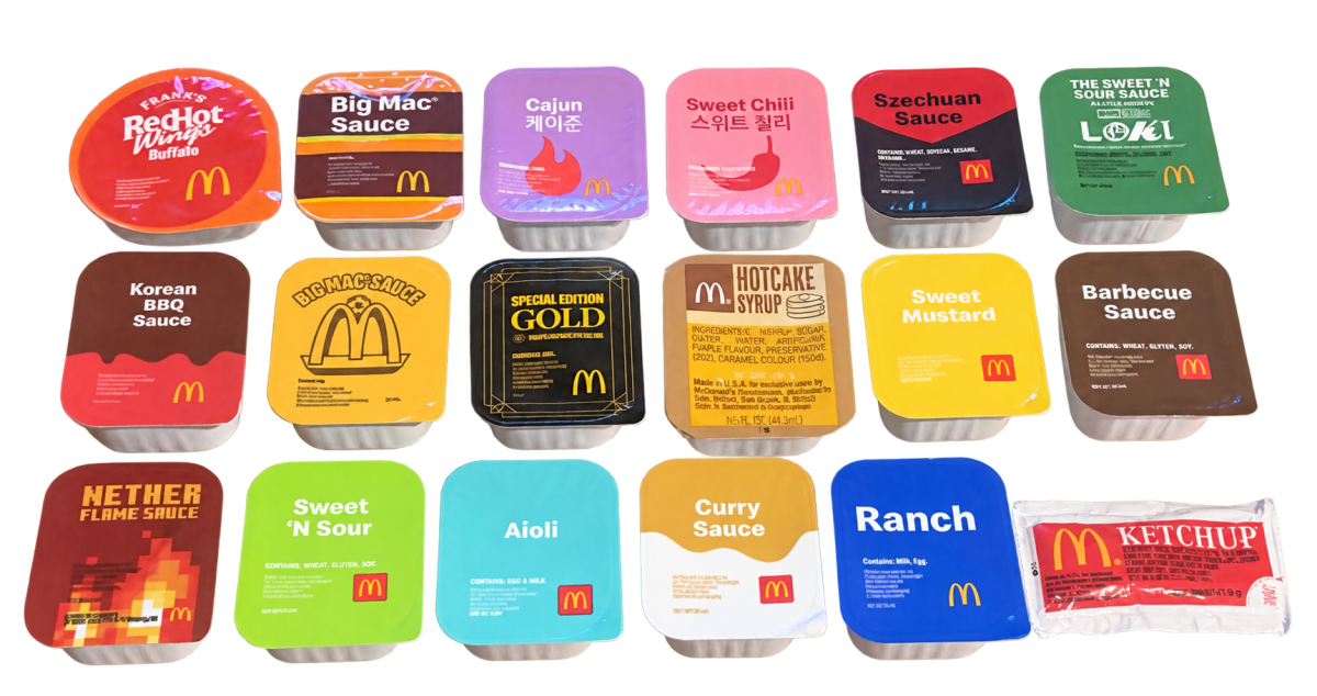 Seventeen McDonald's dipping sauce tubs and a ketchup packet, including Big Mac Sauce, a FIFA World Cup Big Mac Sauce tub, Szechuan, Loki Sweet 'N Sour, Nether Flame, Special Edition Gold, Sweet Mustard, Barbecue, Aioli and Ranch