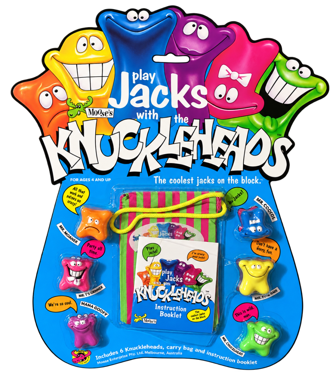 Moose's Knuckleheads jacks set in original blister packaging with six colourful cartoon-faced jacks, a striped drawstring bag and instruction booklet
