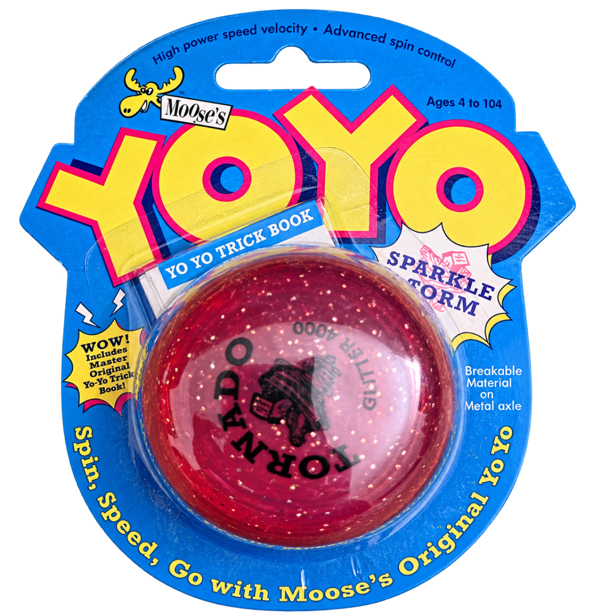 Pink glitter Moose's Tornado Glitter 4000 yo-yo in original blue blister packaging with a Sparkle Storm sticker and yo-yo trick book