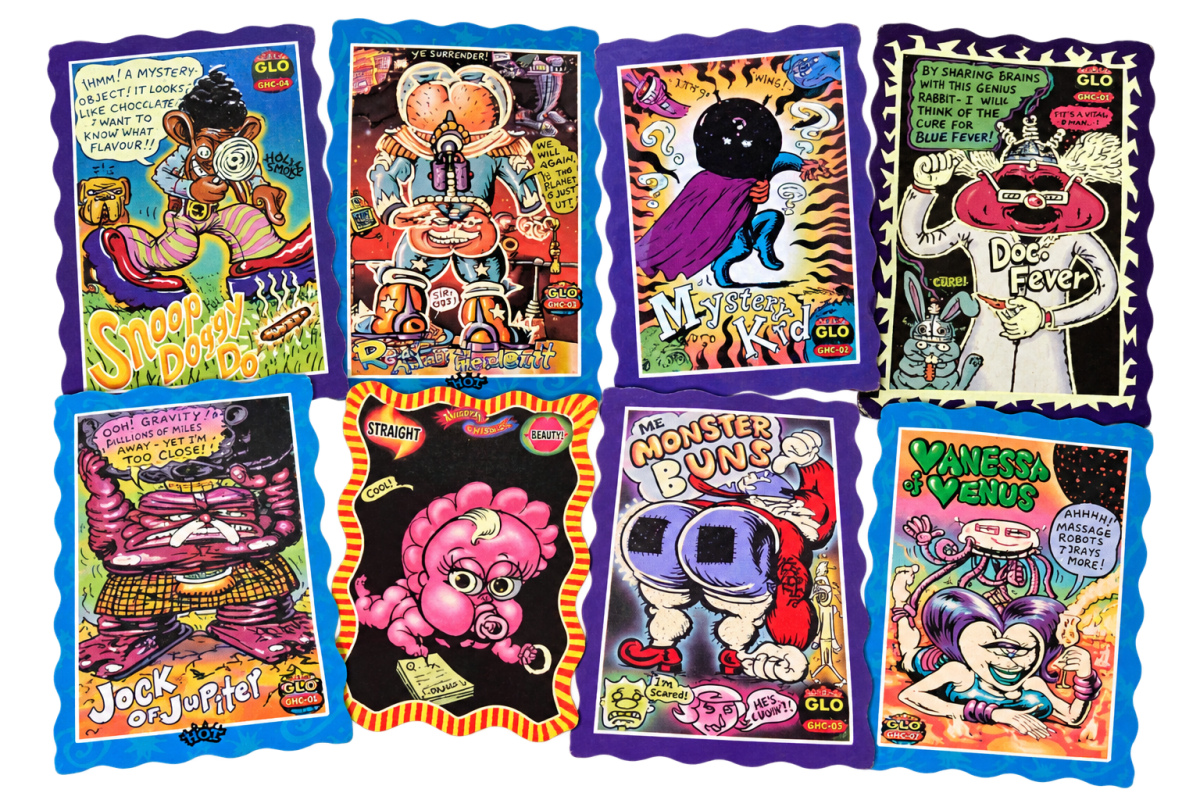 Eight Oddbodz Glo cards including Snoop Doggy Do, Mystery Kid, Doc Fever, Jock of Jupiter, Monster Buns and Vanessa of Venus