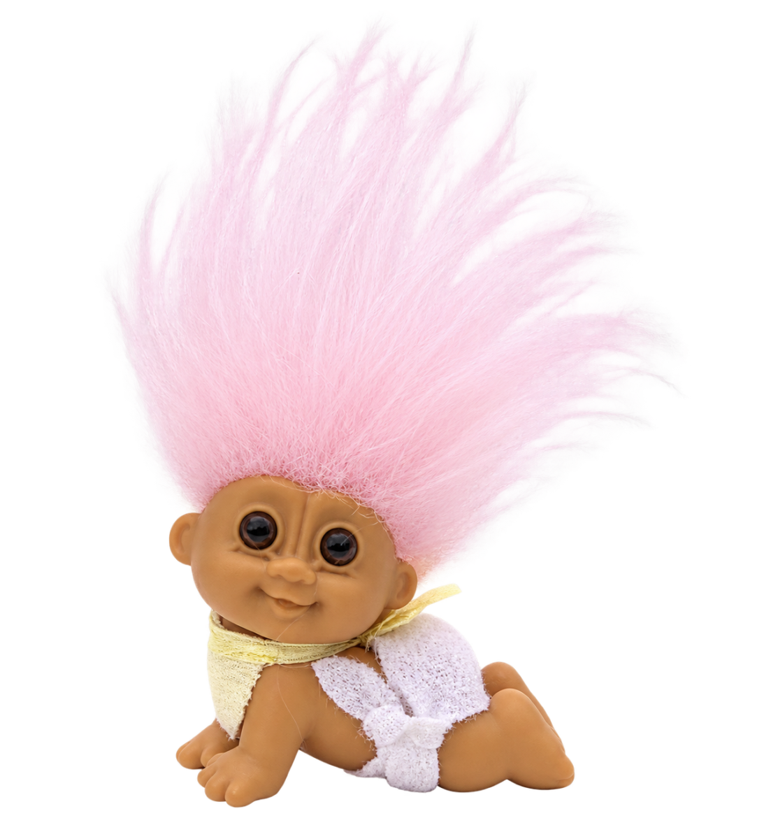 Small Russ Berrie crawling baby troll with fluffy light pink hair and a white nappy