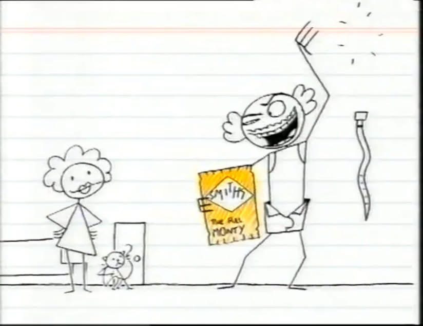Screenshot of a Smith's ad showing a cartoon stick figure dad holding The Full Monty chips packet beside his wife and a cat
