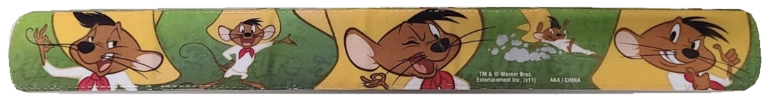 Older style fabric-covered slap band printed with Speedy Gonzales on a green and yellow background