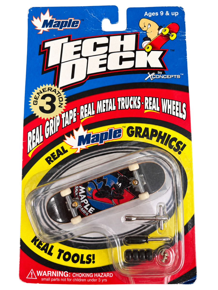 Vintage 1998 Tech Deck by X-Concepts Generation 3 fingerboard with Maple skateboard graphics, spare wheels and tools in original packaging