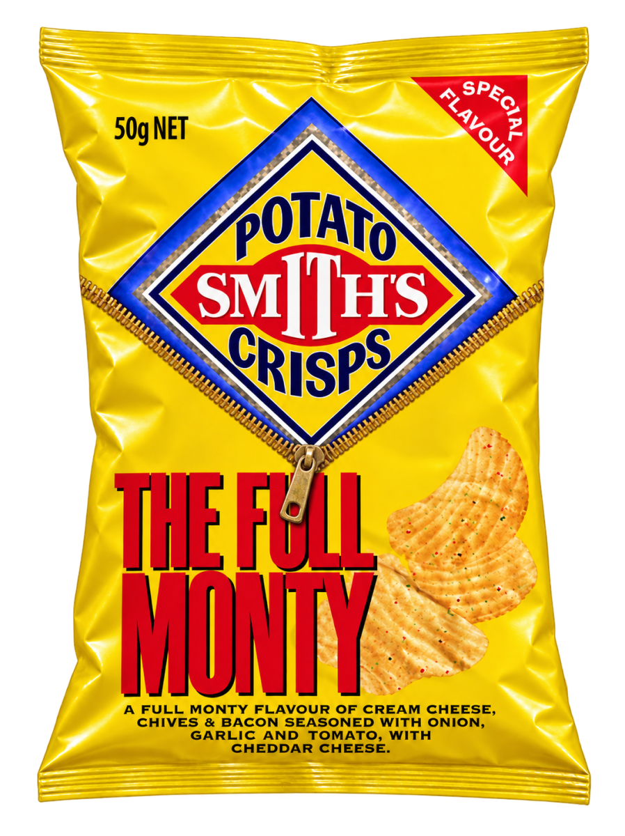 Yellow 50g packet of Smith's Crisps The Full Monty limited edition flavour from 1998