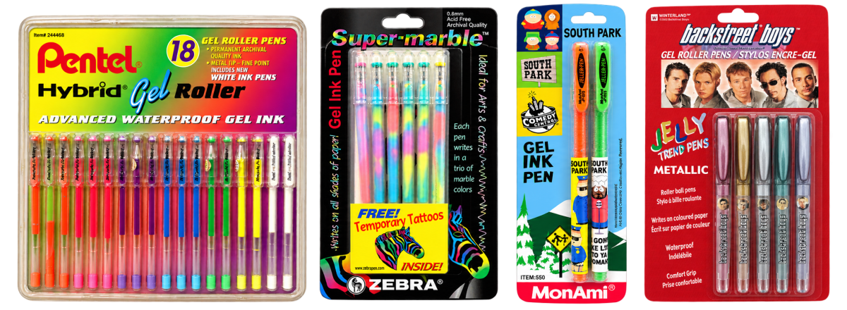 Vintage gel pen packs including an 18 pack of Pentel Hybrid Gel Rollers, Zebra Super-marble gel ink pens, MonAmi South Park gel ink pens and Backstreet Boys metallic jelly pens