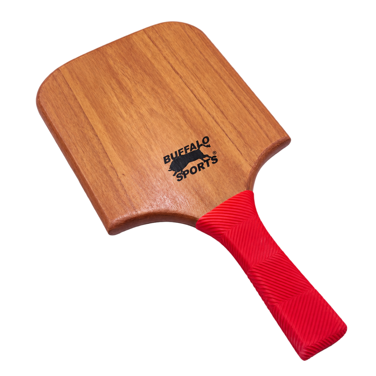Wooden bat tennis bat with a red rubber grip