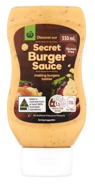 A 330ml squeeze bottle of Woolworths Secret Burger Sauce