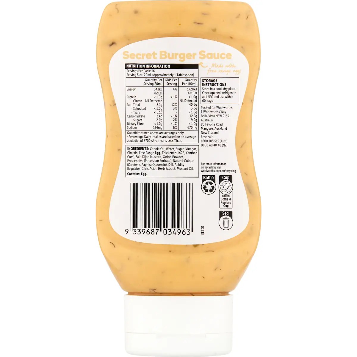 Back label of a Woolworths Secret Burger Sauce squeeze bottle showing nutrition information and ingredients including canola oil, gherkin, egg, Dijon mustard, onion powder and dill